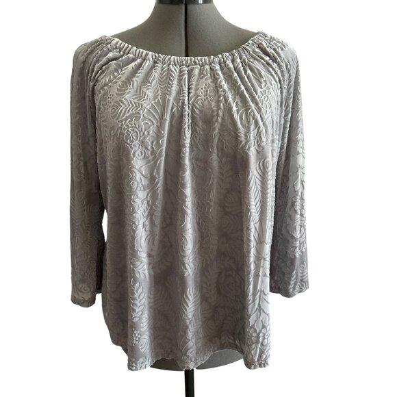 New Directions Womens Petite Gray Off-The-Shoulder Boho Velvet Textured Top PL - Picture 1 of 9